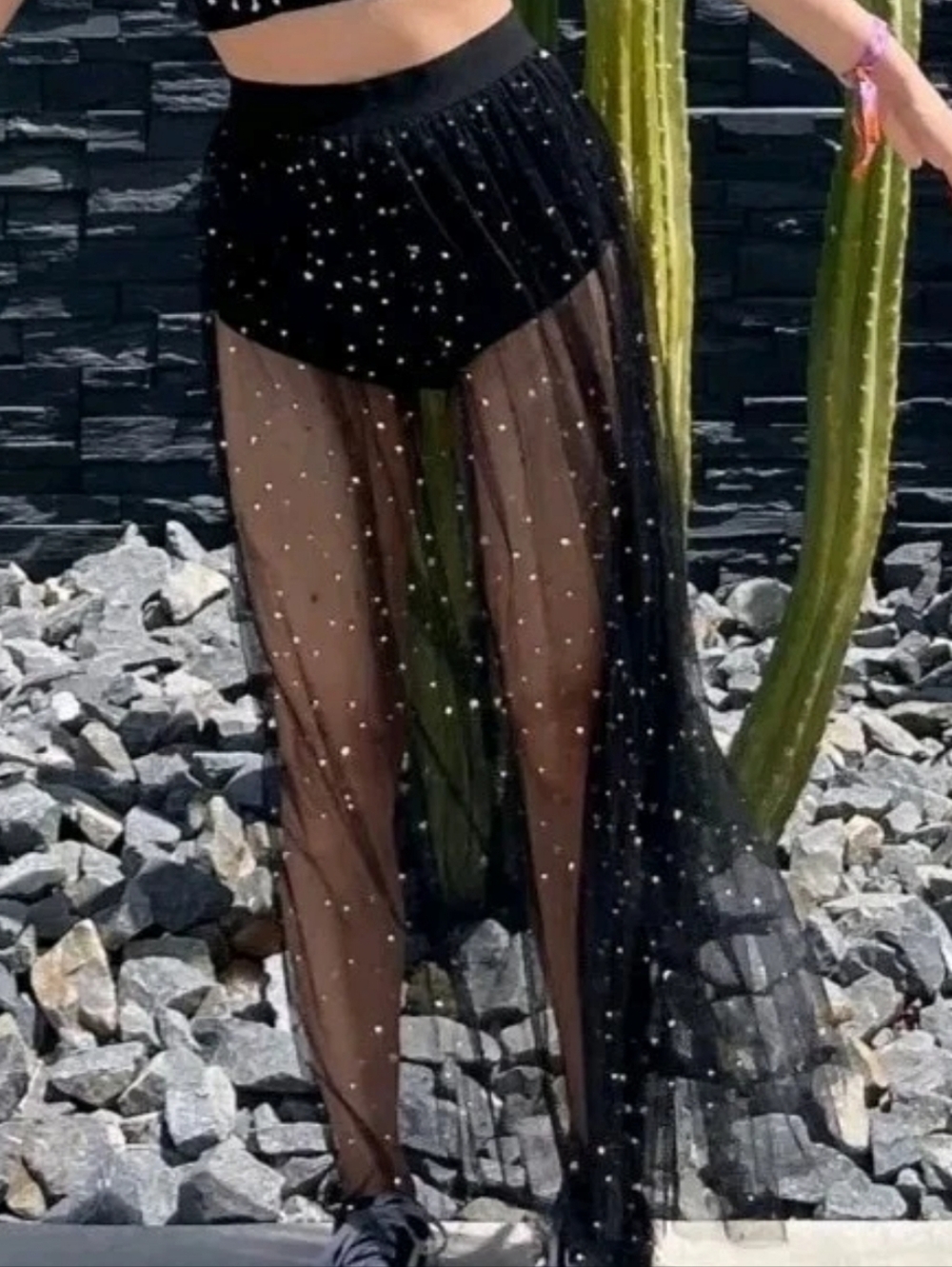2-in-1 Transparent Mesh Skirt Shorts High Waist Maxi Skirt Medium Glitter